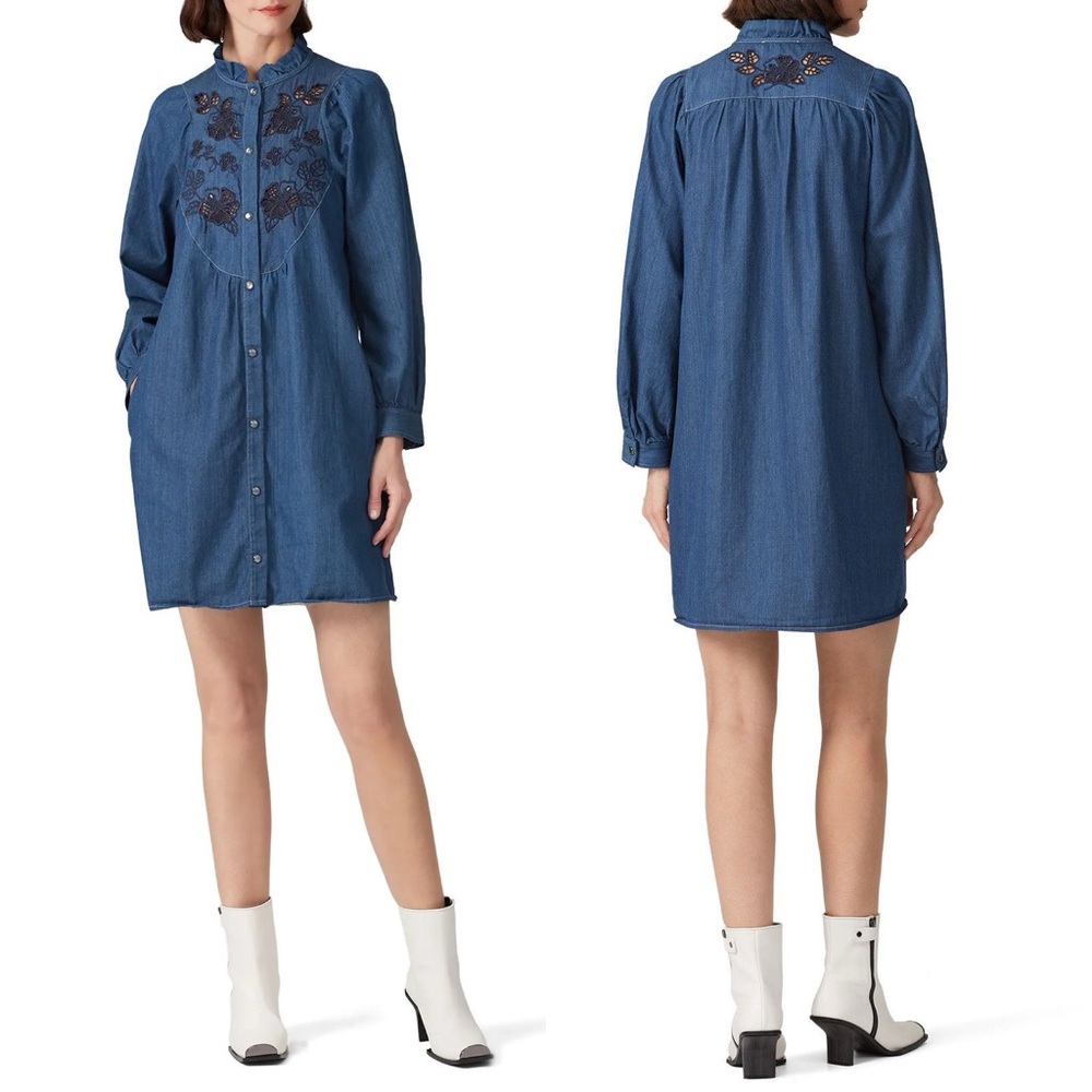 Coach Embroidered Denim Dress Blue Size 12 Made In Italy Snap Button Closure - Picture 3 of 16